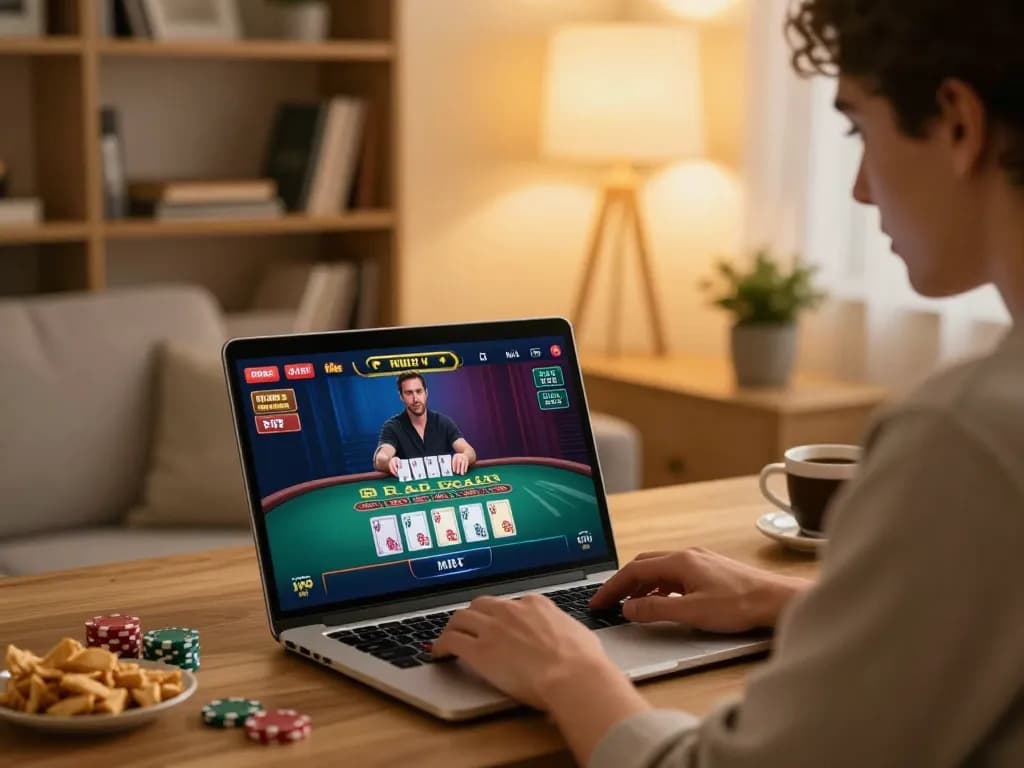Engaging scene of a player at home using a laptop for live dealer blackjack at nhà cái tic88.