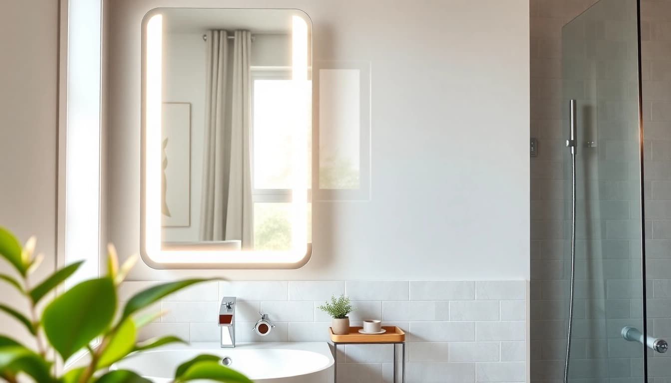 Enhance your space with a stylish mirror and led lights, reflecting a modern bathroom ambiance.