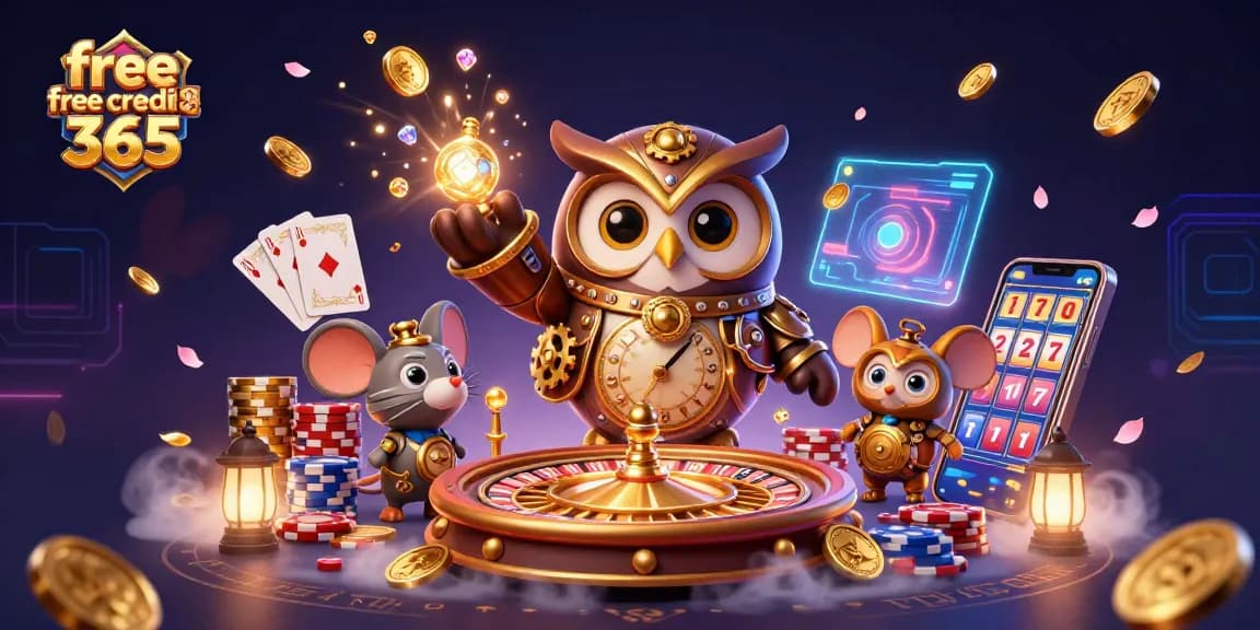 Experience thrilling gaming action with free credit 365 at a vibrant online casino scene featuring playful characters.