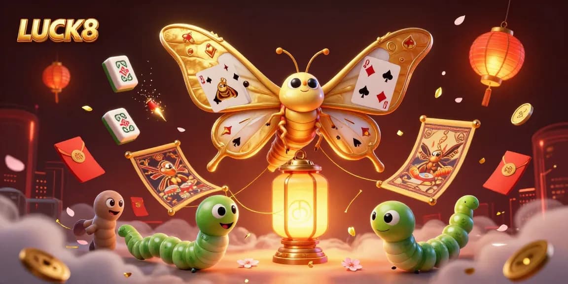 Experience LUCK8 with a vibrant casino scene featuring golden elements and a majestic atlas moth.