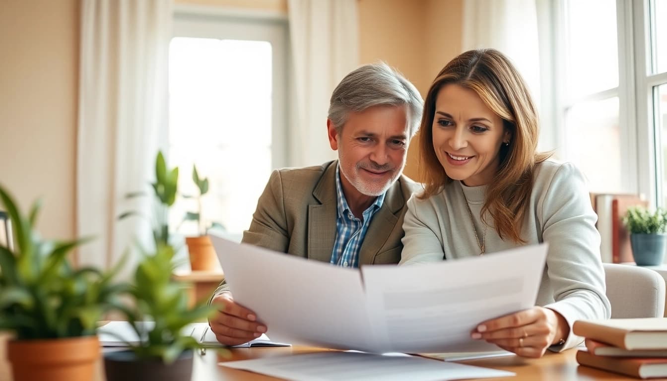 Estate Planning discussion and document review in a warm, inviting home office setting.
