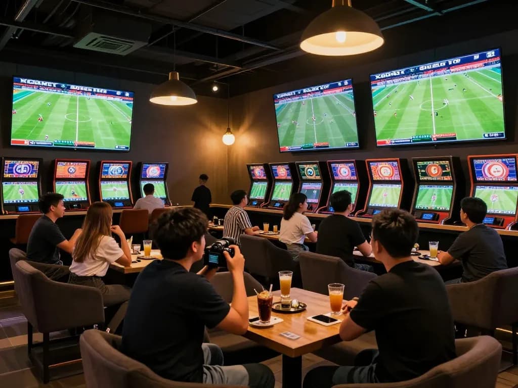 Xoilac fans cheering for their favorite teams while placing bets in a lively sports lounge.