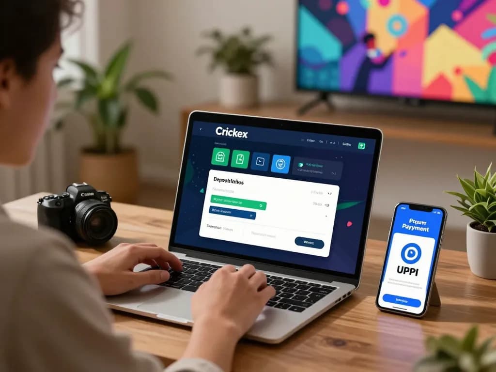 Engaging Crickex deposit methods online with user using smartphone and laptop in cozy home office.