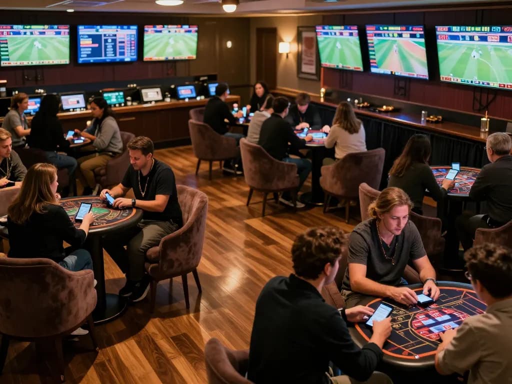 Excited gamblers placing bets on mobile devices at a sports betting lounge on the 789f site
