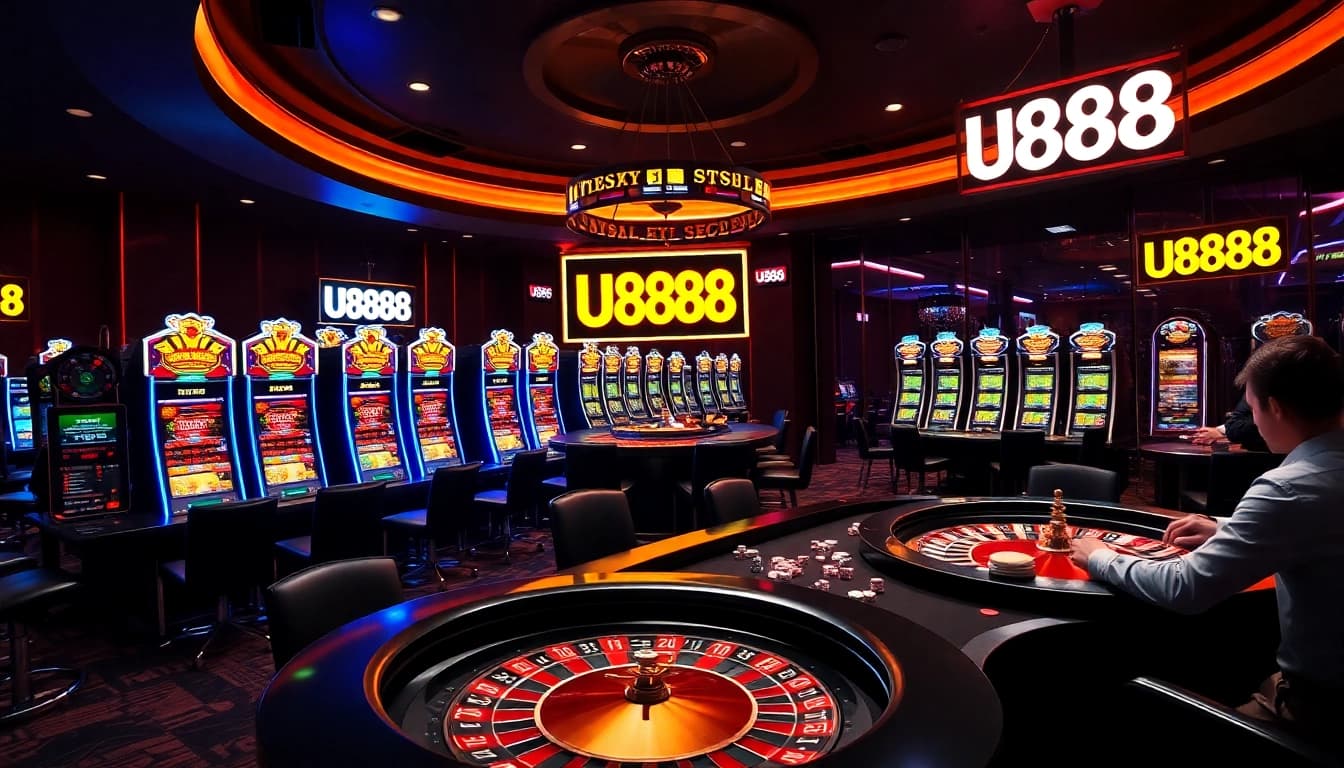 Experience the excitement of U888 with vibrant casino visuals and high-stakes gaming atmosphere.