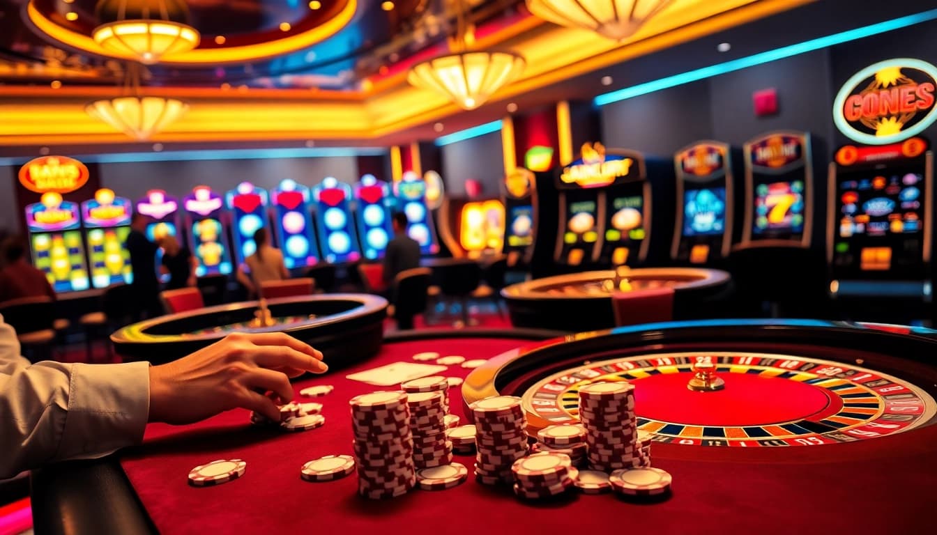 Play games at https://rr99.it.com/ with a luxurious casino setup featuring poker and roulette tables.