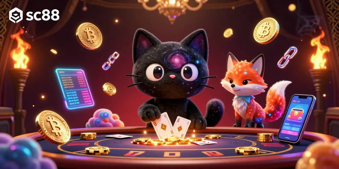 Engage with the sc88 cosmic casino featuring a black hole cat and nebula fox amidst Bitcoin and Ethereum symbols.