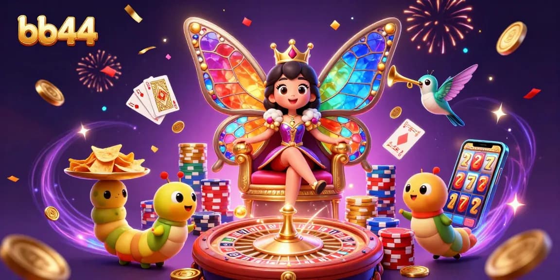 Play vibrant casino games with bb44 featuring a butterfly queen and cascading chip trays.
