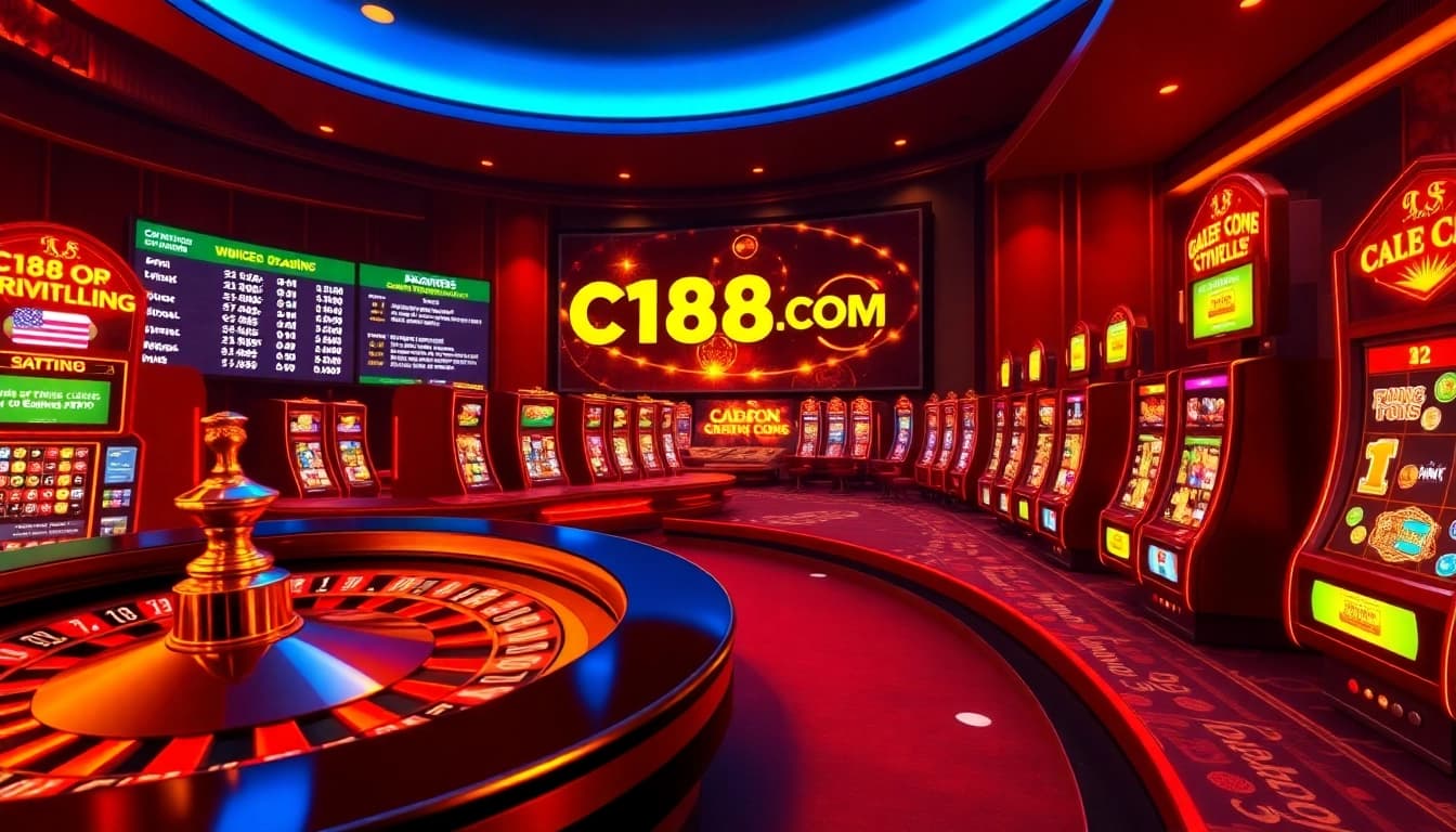 C168 COM online casino scene with roulette, poker chips, and slot machines illuminated.