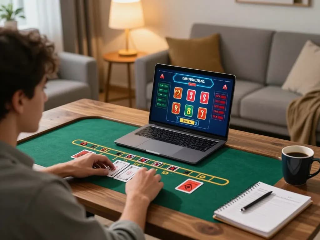 nhà cái tặng tiền during exciting blackjack game in cozy home setup with strategic notes.