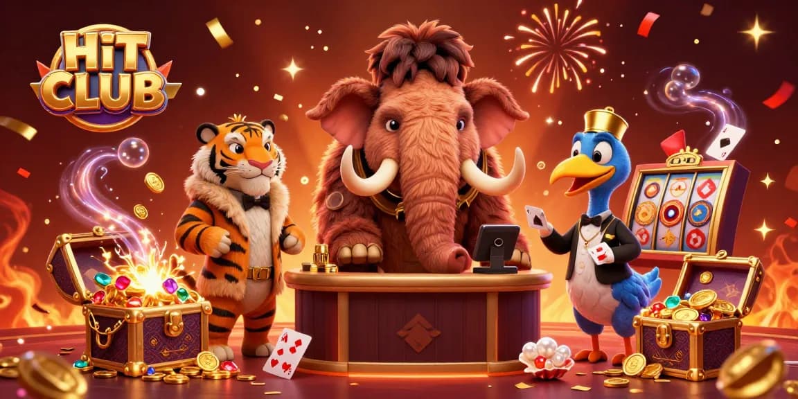 Experience HIT CLUB with vibrant 3D illustration featuring characters amidst treasures and games.