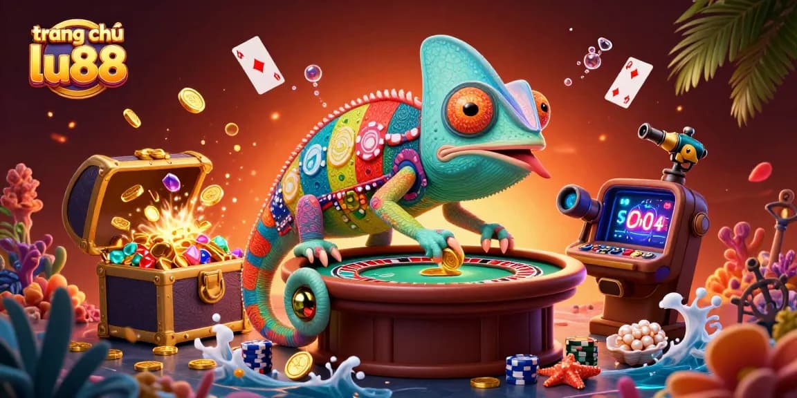 Engage with the vibrant world of trang chủ lu88 as the chameleon casino owner captures golden coins in a lively scene.