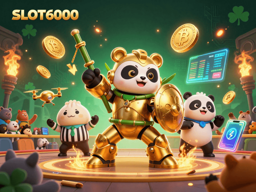 SLOT6000 offers a vibrant 3D illustration showcasing a golden panda in a mech suit, surrounded by dynamic gambling elements