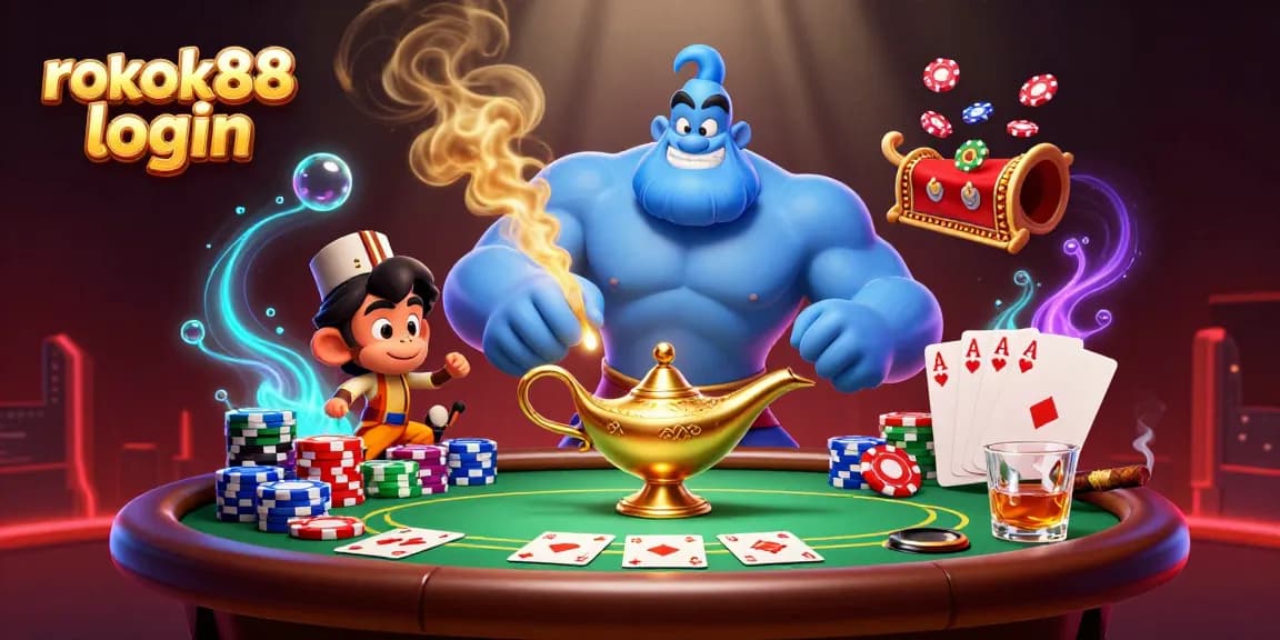 Experience rokok88 login with a vibrant casino scene featuring a genie, poker chips, and a rich game atmosphere.