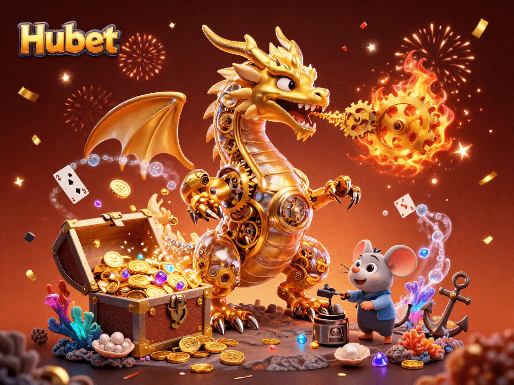 Engage with Hubet's dazzling 3D dragon character illuminating the excitement of online gaming with golden treasures and vibrant visuals.