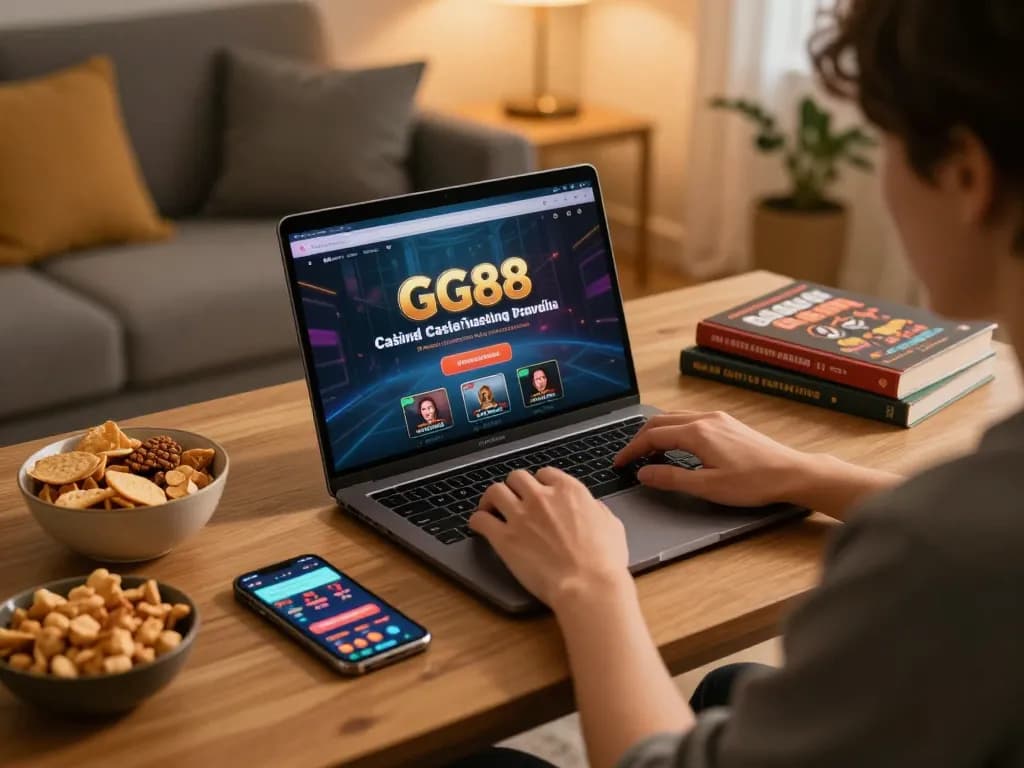 Player engaging with GG88 casino on laptop in cozy home setup, emphasizing online gambling.