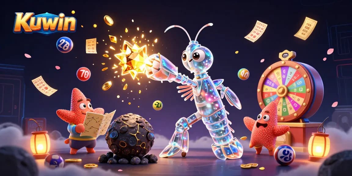 Kuwin casino illustration featuring a galactic samurai mantis shrimp and starfish amid vibrant gambling elements.