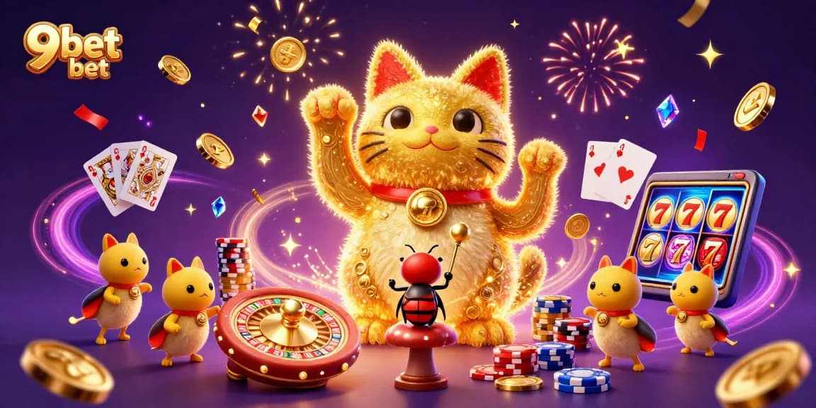 Experience thrilling wins at 9bet bet with a vibrant 3D lucky cat, coins, and casino symbols.