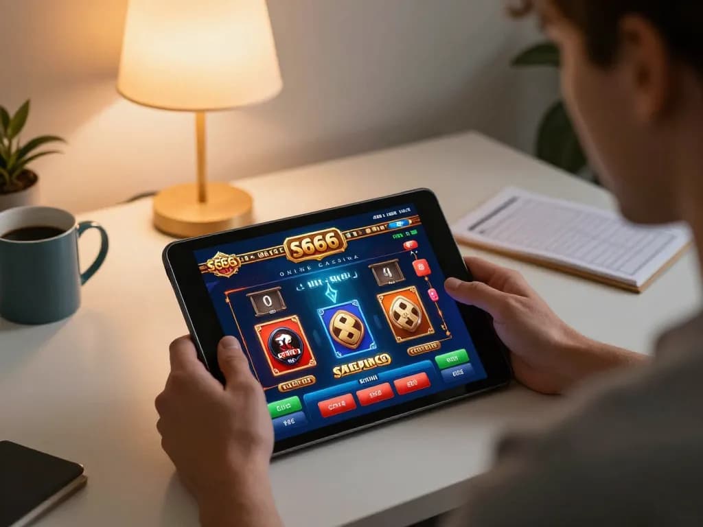 Player engaging with s666 online casino on a tablet in a cozy home environment.