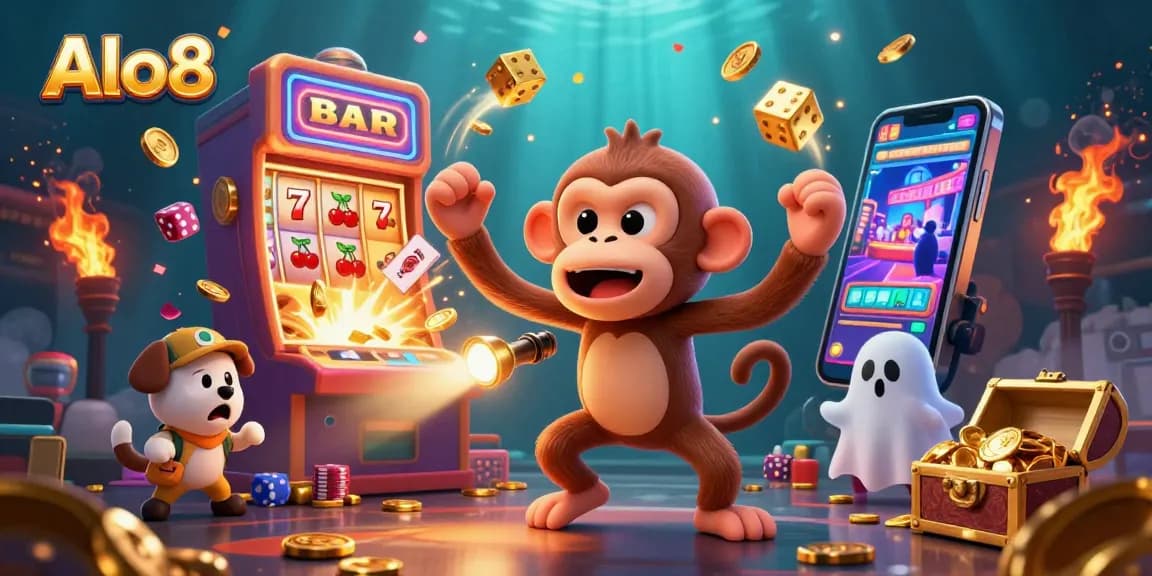 Alo8 offers thrilling casino excitement with a poltergeist monkey juggling coins and a brave ghost-hunter puppy tracking it.