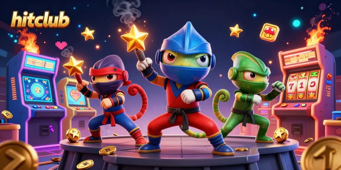 hitclub showcases a vibrant 3D scene of a ninja chameleon team engaging in casino-themed martial arts.