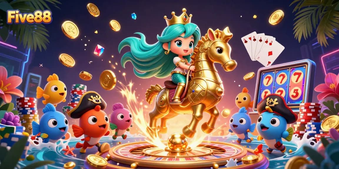 Win with Five88: 3D mermaid princess riding seahorse, vibrant casino elements boosting excitement.