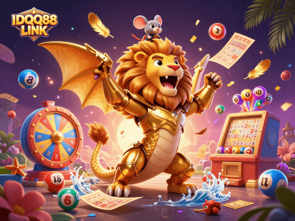 Engage with IDQQ88 LINK in a vibrant 3D casino scene featuring dynamic lottery elements and a triumphant chimera.