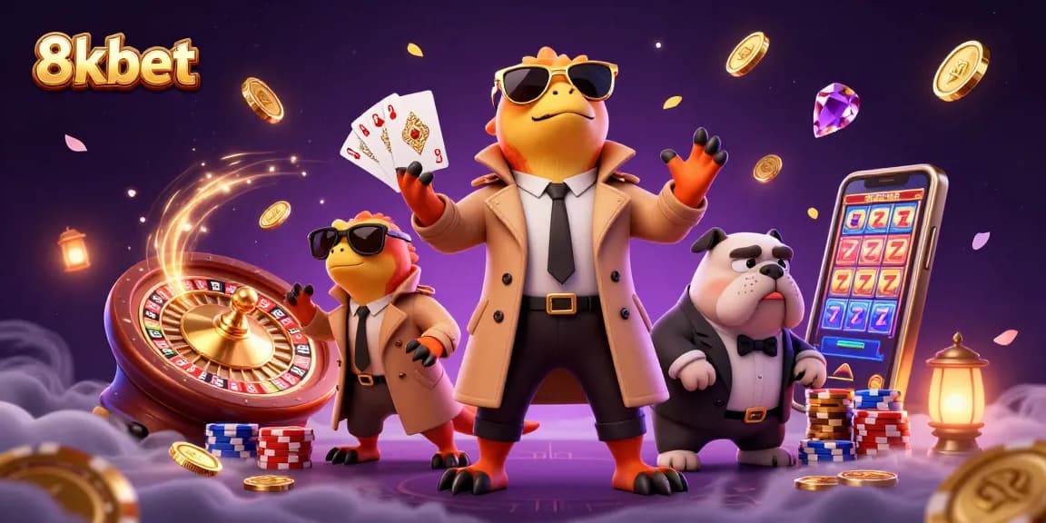 Experience the fun at 8xbet with raptors in a trench coat entering a VIP casino lounge.