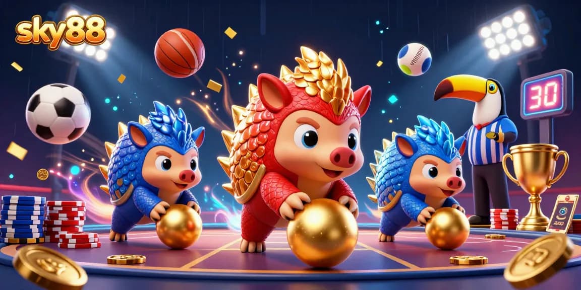 Engage with sky88's betting excitement featuring rival pangolins rolling golden balls amid vibrant casino elements.