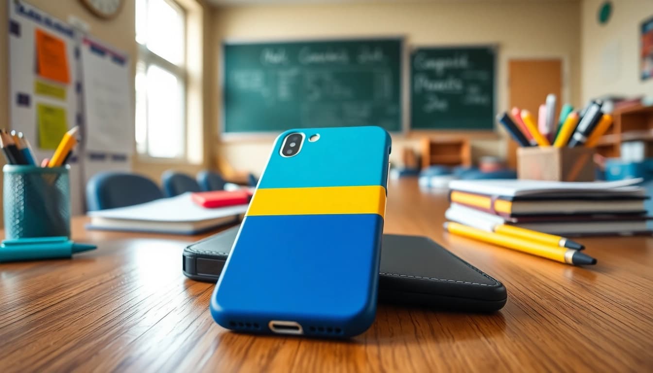 Handytasche Klassenzimmer auf dem Schreibtisch mit Schulmaterialien und hellen Farben.