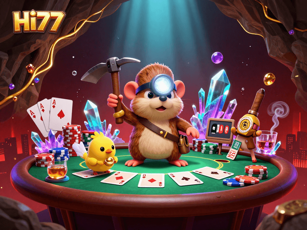 Engage with HI77's thrilling casino experience as a treasure-hunting mole unearths riches amidst vibrant casino elements.