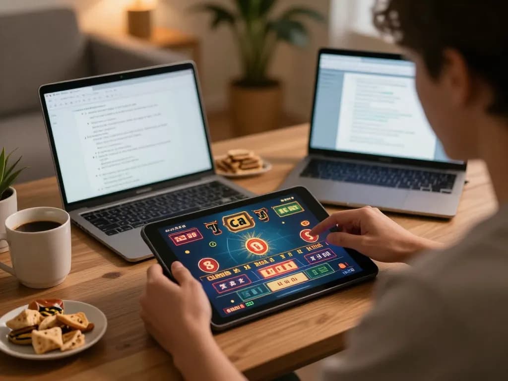 Engaging in game tài xỉu on a tablet while comfortably playing at home, emphasizing strategic gaming.