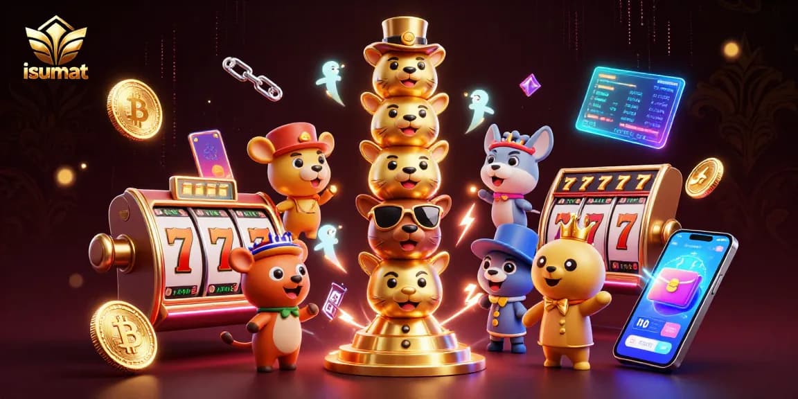 Experience the vibrant fun at isumat casino with a dynamic illustration showcasing golden totem and slot reels.