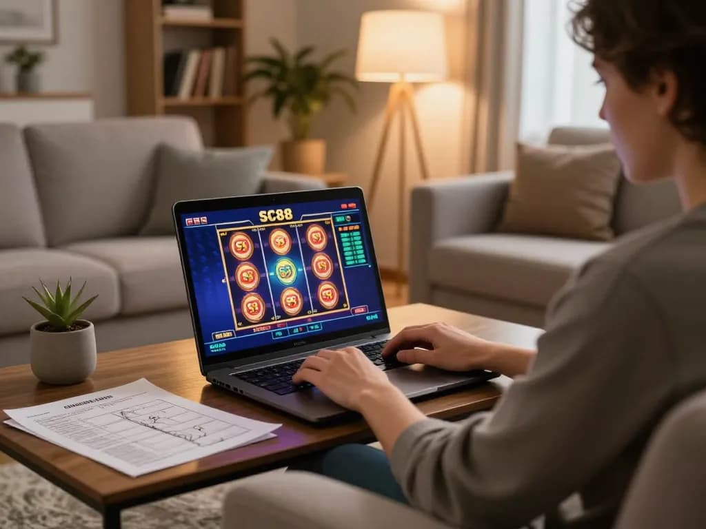 SC88 gaming on laptop in a cozy living room with strategic betting notes laid out.
