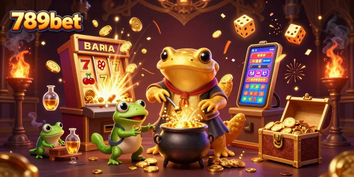 Engage in thrilling 789bet gameplay as gold coins burst from a 3D slot machine amidst alchemical magic.