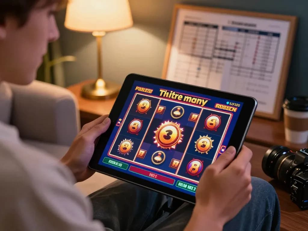 Player engaged with situs slot gacor on tablet, showcasing winning excitement in a cozy home setting.