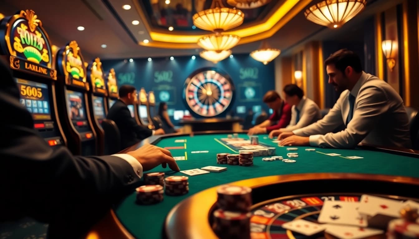 Engaged players at a luxurious poker table reflecting the excitement of https://ok365.tw/ online gambling.