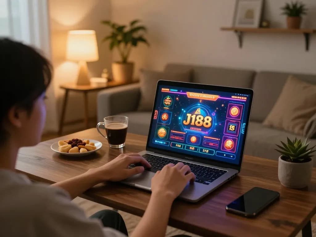 j188 player engaged with thrilling online casino game at stylish home setup