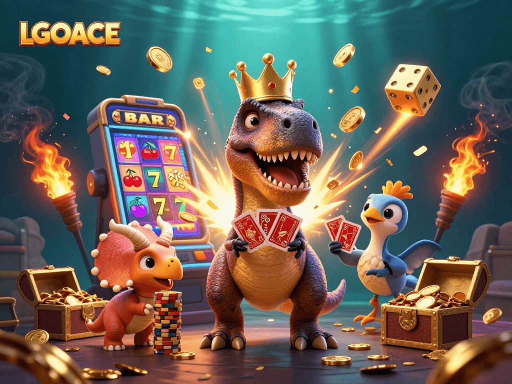 LGOACE engages players with a vibrant scene featuring a T-Rex, pterodactyl, and triceratops amid dynamic casino elements.