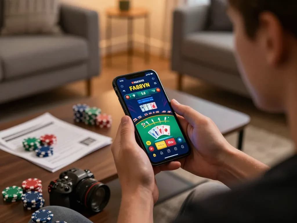 Player engaging in exciting FA88VN mobile casino gameplay, showcasing vibrant app interface and strategic notes.