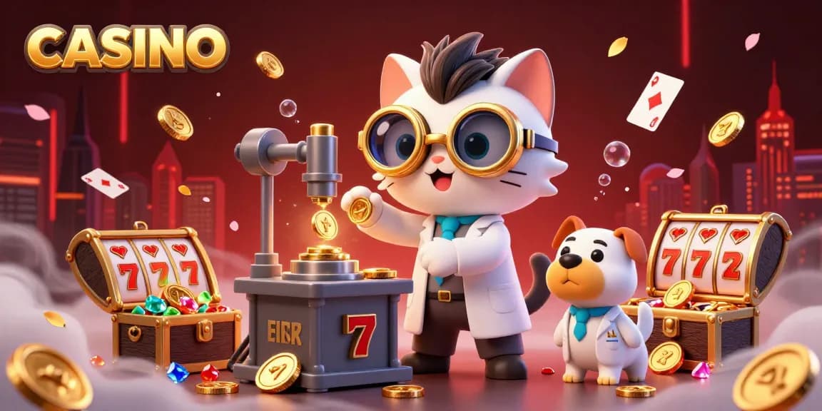 This vibrant CASINO illustration showcases a mad scientist cat and dog amidst gold coins, slot reels, and treasure.