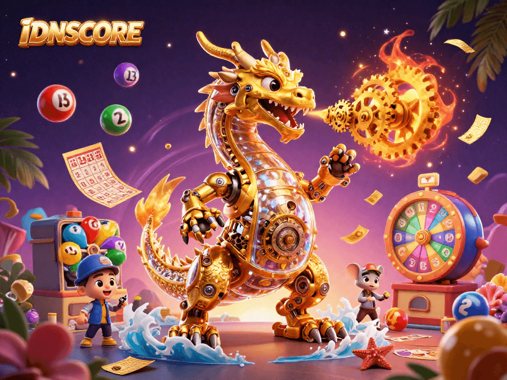 Experience the excitement of IDNSCORE with this vibrant 3D casino illustration featuring golden elements and dynamic game visuals.