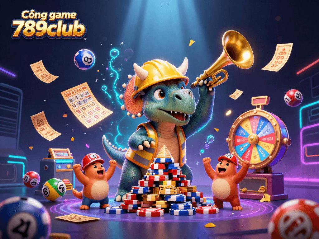 Experience the excitement of Cổng game 789club with vibrant 3D character illustration and casino elements.