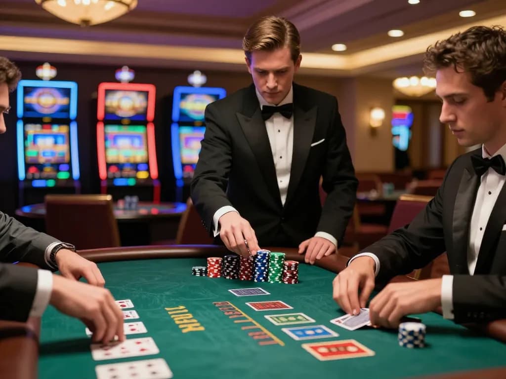 Players strategizing at the blackjack table, enhancing their chances with TT88 gameplay techniques in a luxurious casino.