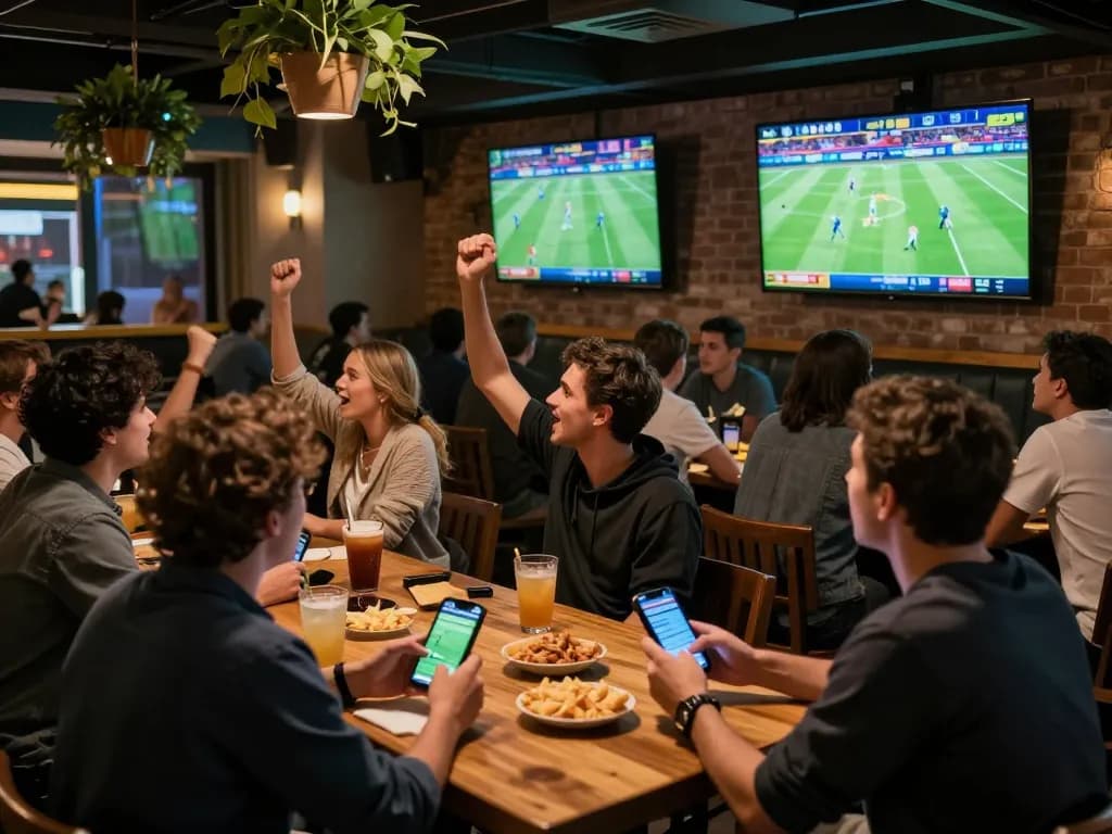 SOCOLIVE sports enthusiasts engaging in live betting during a thrilling football match at a lively sports bar.
