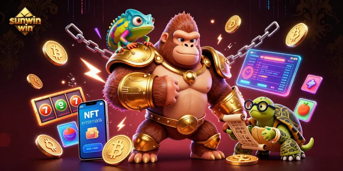 Engage with sunwin win excitement in a vibrant casino scene featuring a powerful gorilla king, chameleon, and tortoise.