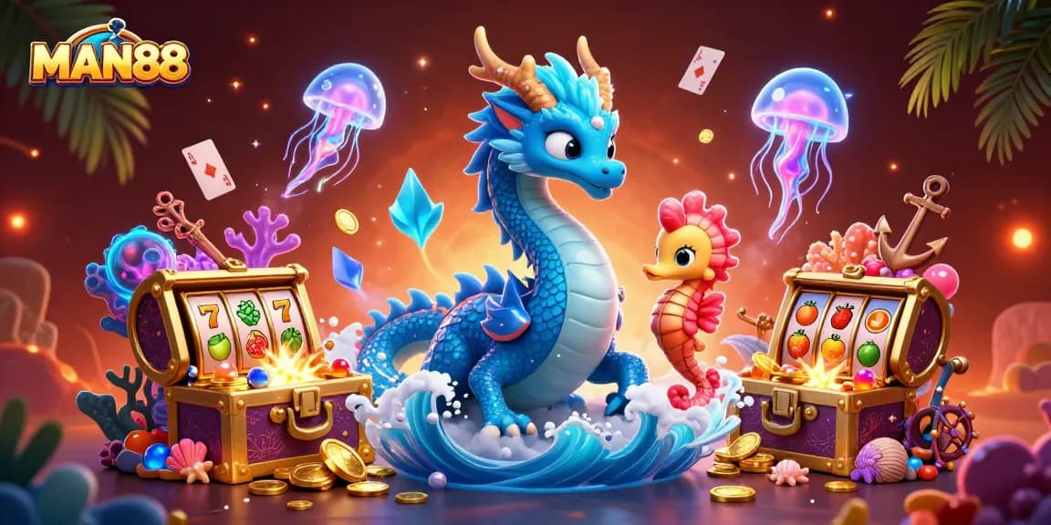 Play exciting games at MAN88 featuring a vibrant underwater theme with a dragon and treasure.