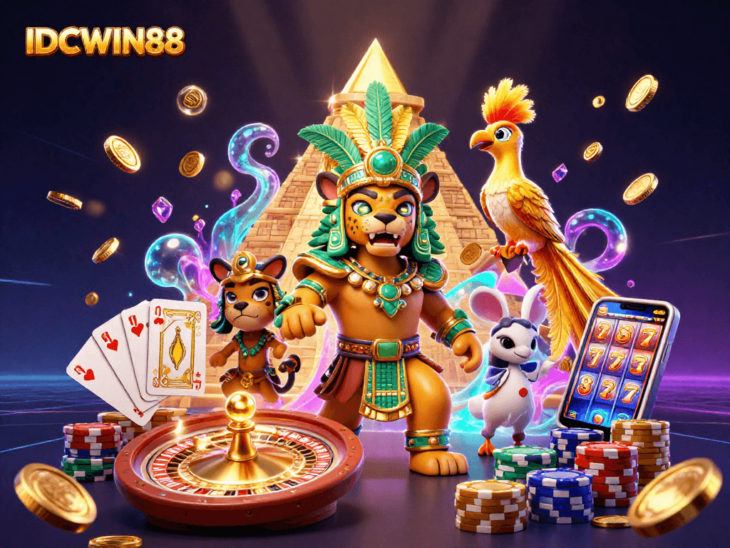 Engage with IDCWIN88 in a vibrant casino illustration featuring a Mayan jaguar priest.