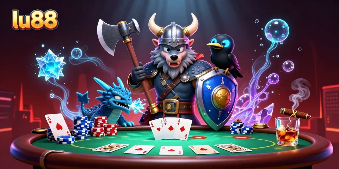 Engage in high-stakes poker action with lu88's Viking warrior and dragon scene.