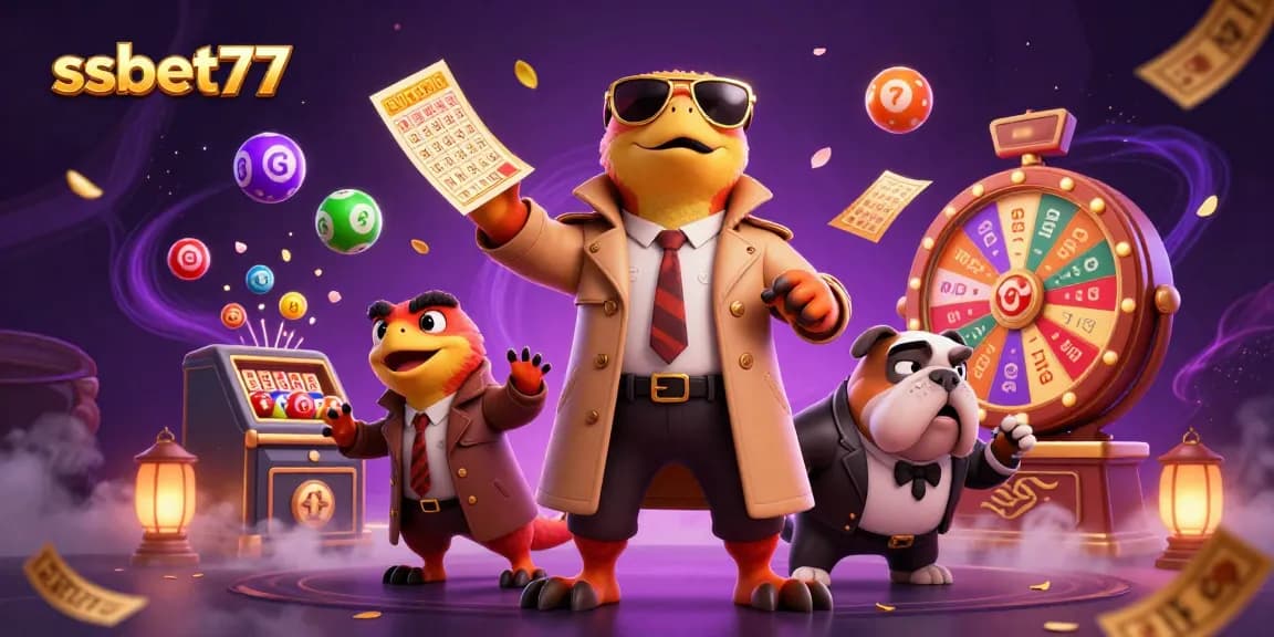 Win big at ssbet77 with vibrant lottery balls and raptors in a fun casino scene.